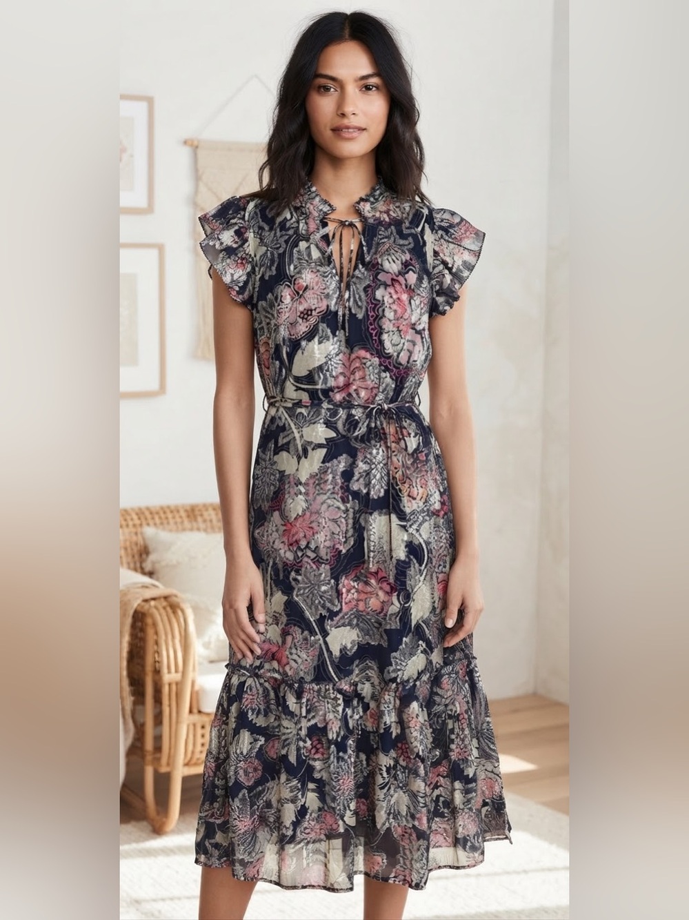 CIEBON Floral Tie-Neck Midi Dress in Navy, Pink & Metallic Silver Boho Chic
